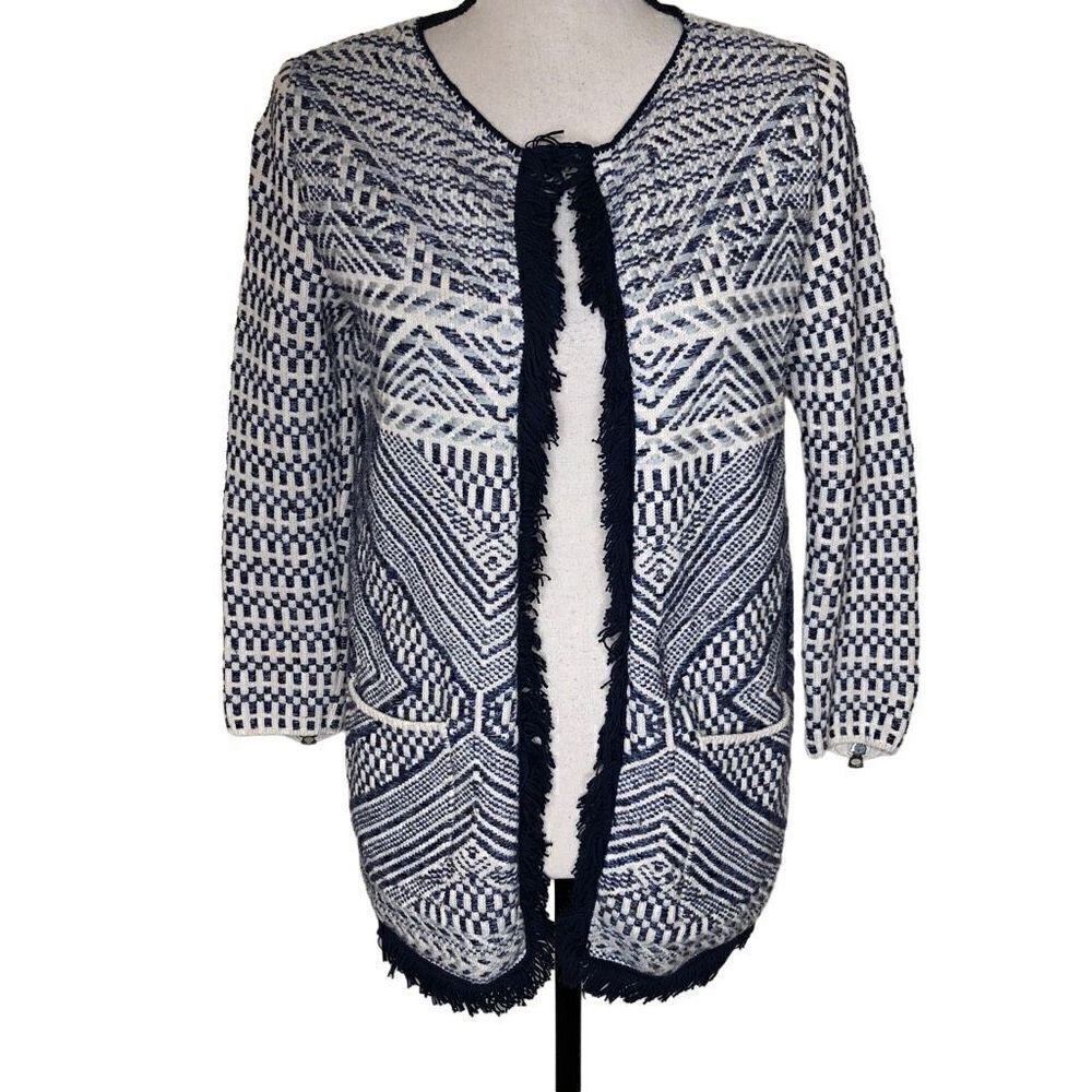 Lucky Brand Cardigan Sweater Ivory and Blue Open Front with Fringe Coastal Sz S